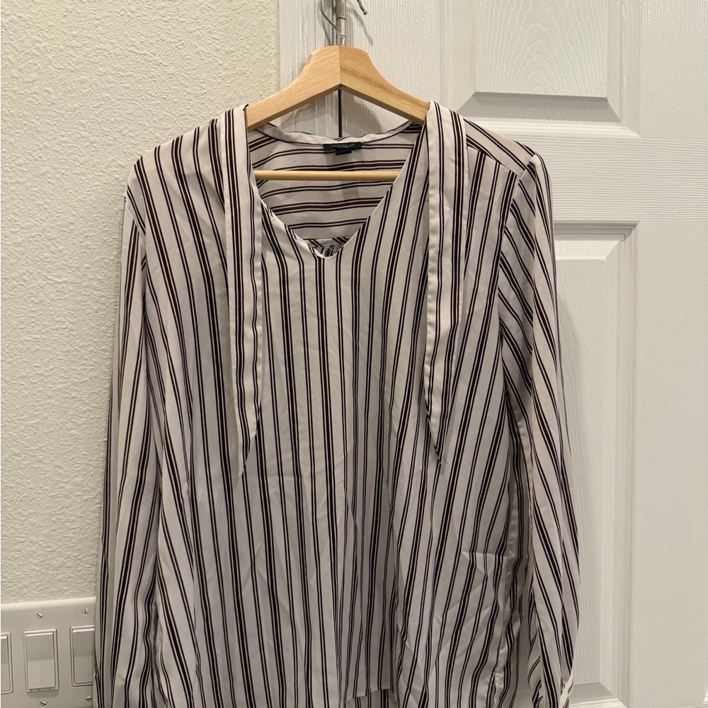 Striped V-Neck Long Sleeve Blouse in White and Maroon